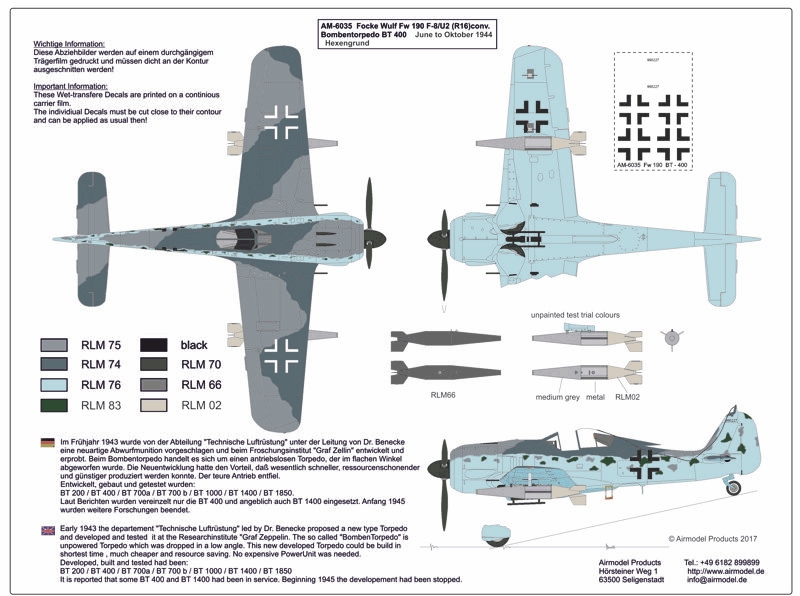 Fw 190 F-8/U2 (R16)  Bombentorpedos BT 400 Umbausatz 1/72