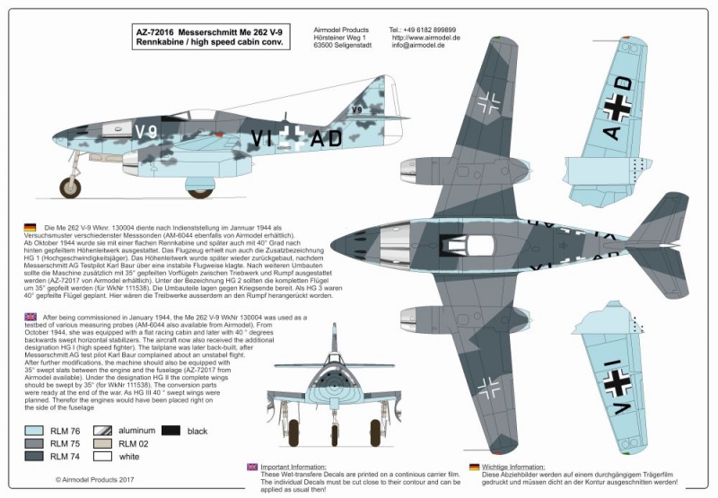 Me 262 V-9  mit "Rennkabine" Umbausatz  1/72